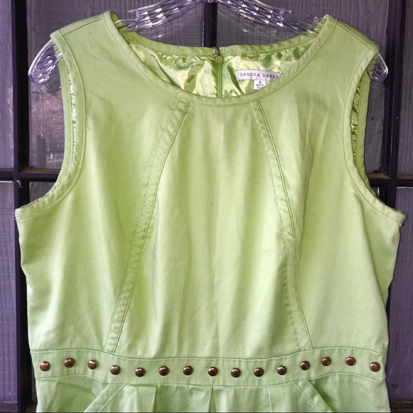 Sandra Darren dress, lime green with brass studs across waist, pockets on front - Picture 2 of 10